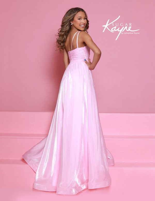 Back view of a pink iridescent pageant gown with double spaghetti straps and gathered bodice.